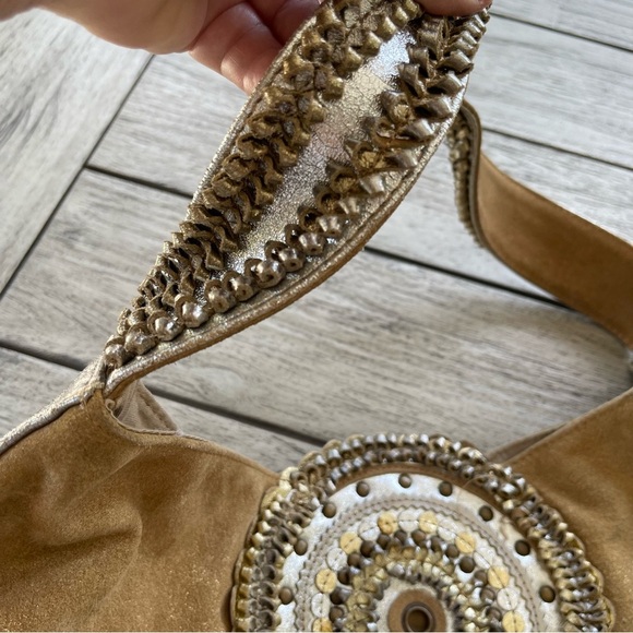 Chicos Vintage Leather Gold Embellished Hobo Bag - Picture 8 of 10